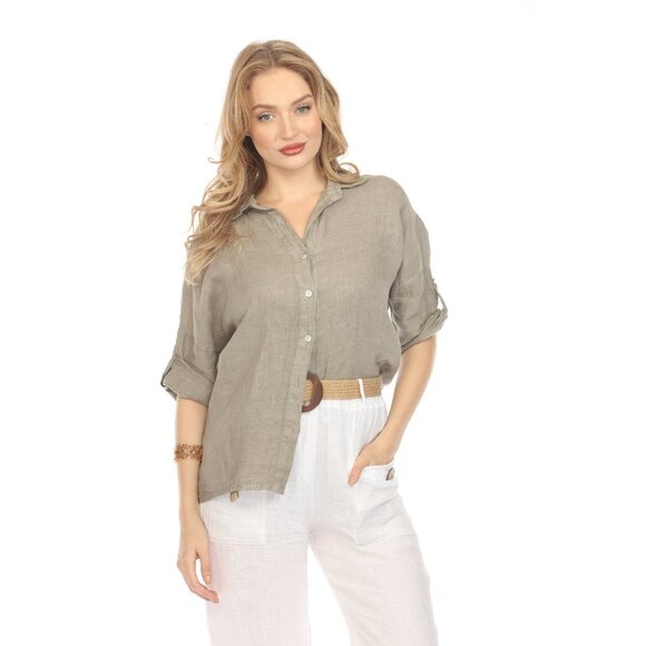Taupe Button Up Collared Shirt - Picture 1 of 12